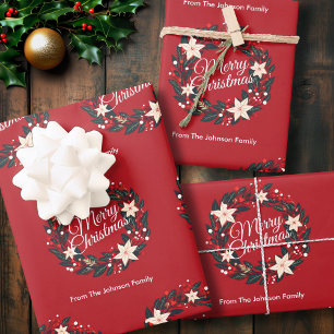 Frohe Weihnachts Wreath Red Poinsettia Familiennam Geschenkpapier Set