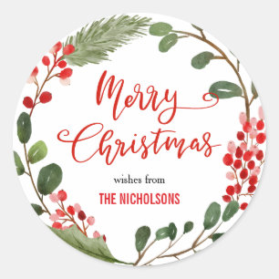 Frohe Weihnachts Wreath Red Script   Kranz Runder Aufkleber