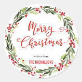 Frohe Weihnachts Wreath Red Script | Kranz Runder Aufkleber (Vorderseite)