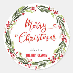 Frohe Weihnachts Wreath Red Script   Kranz Runder Aufkleber