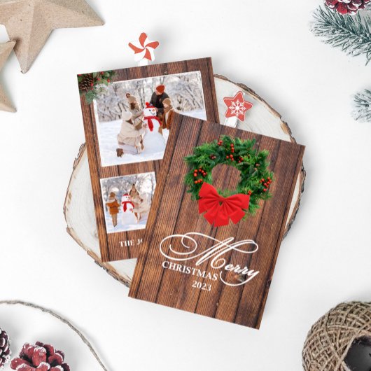 Frohe Weihnachts-Wreath-Wood-Fotokarte Einladung