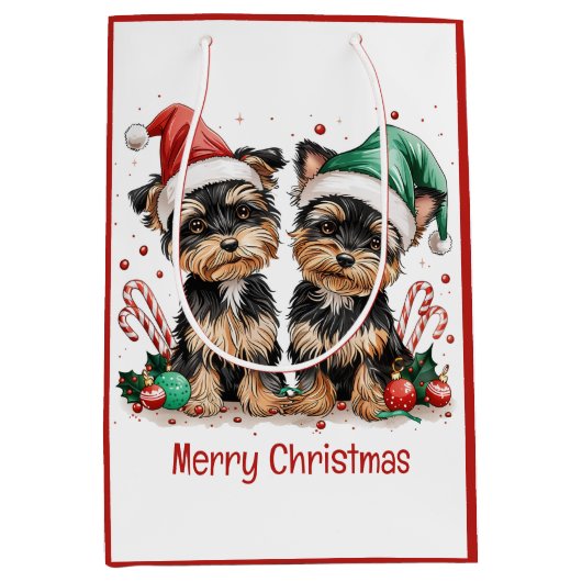 Frohe Weihnachts Yorkshire Terrier Dogs Mittlere Geschenktüte (Vorderseite)