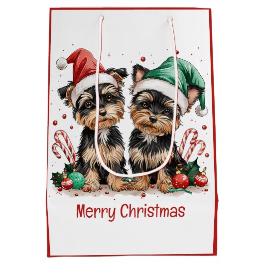 Frohe Weihnachts Yorkshire Terrier Dogs Mittlere Geschenktüte (Rückseite)