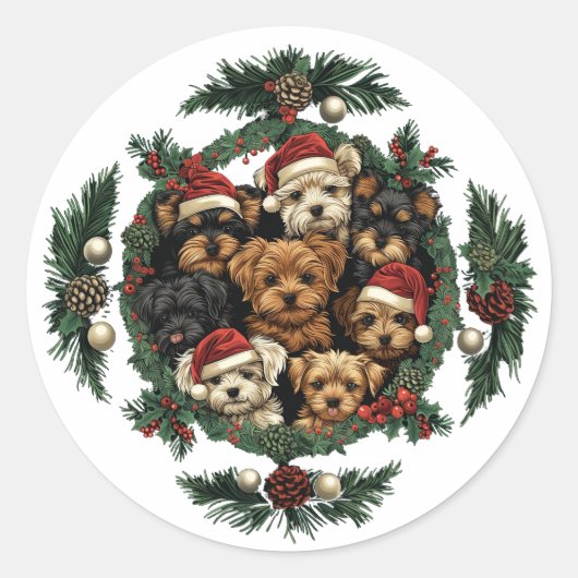 Frohe Weihnachts Yorkshire Terrier Dogs Runder Aufkleber (Vorderseite)