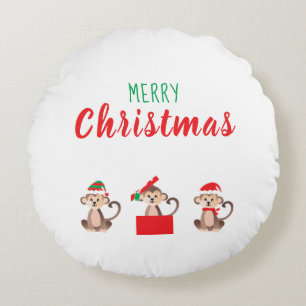 Frohe Weihnachtsaffen mit Weihnachtshut Rundes Kissen
