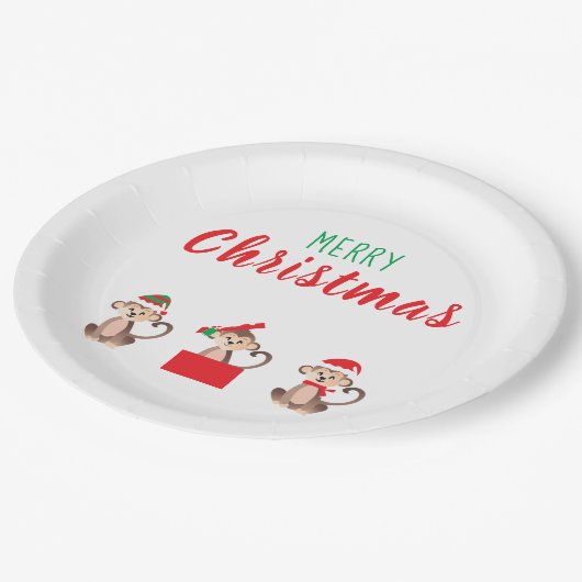 Frohe Weihnachtsaffen Weihnachtsmänner Pappteller (Schrägansicht)