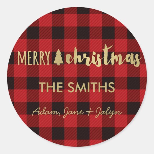 Frohe Weihnachtsaufkleber Buffalo Karo und Gold Runder Aufkleber (Vorderseite)