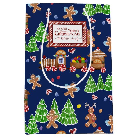 Frohe Weihnachtsbahn Gingerbread Man Navy Familie Mittlere Geschenktüte (Vorderseite)