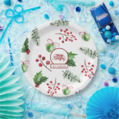 Frohe Weihnachtsbälle Holly Berries Pine Monogram Pappteller (Party)