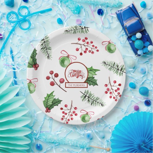 Frohe Weihnachtsbälle Holly Berries Pine Monogram Pappteller (Party)