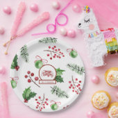 Frohe Weihnachtsbälle Holly Berries Pine Monogram Pappteller (Party)