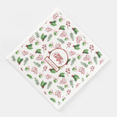 Frohe Weihnachtsbälle Holly Berries Pine Monogram Serviette (Ecke)