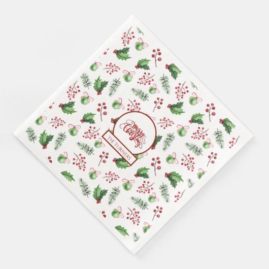 Frohe Weihnachtsbälle Holly Berries Pine Monogram Serviette (Ecke)