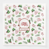 Frohe Weihnachtsbälle Holly Berries Pine Monogram Serviette (Vorderseite)