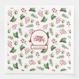 Frohe Weihnachtsbälle Holly Berries Pine Monogram Serviette
