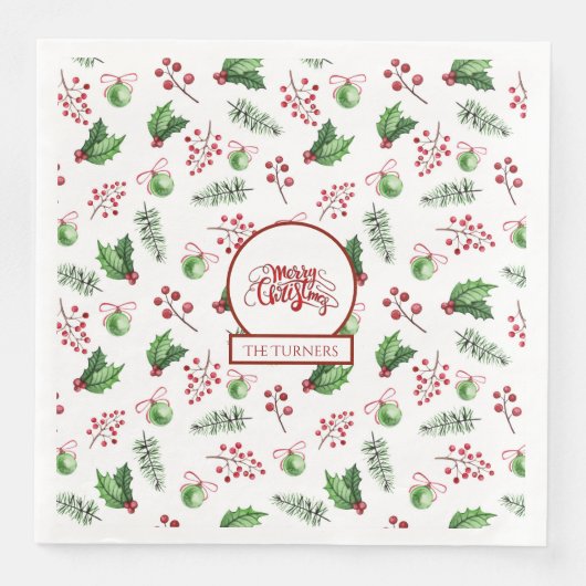 Frohe Weihnachtsbälle Holly Berries Pine Monogram Serviette (Vorderseite)