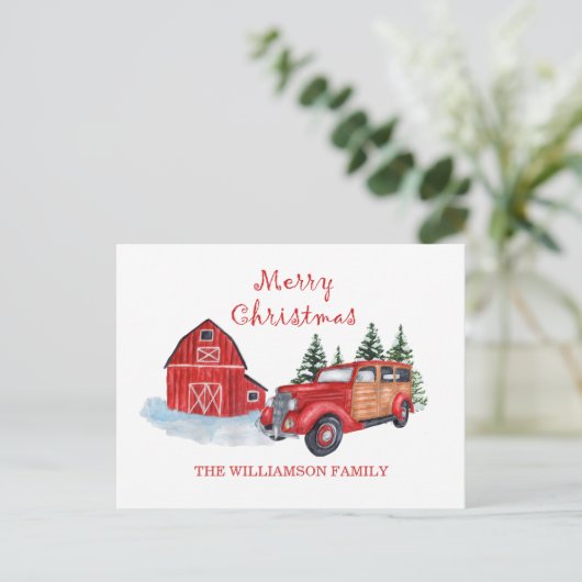 Frohe Weihnachtsbauernhof Red Truck | Familienname Postkarte (Stehend Vorderseite)
