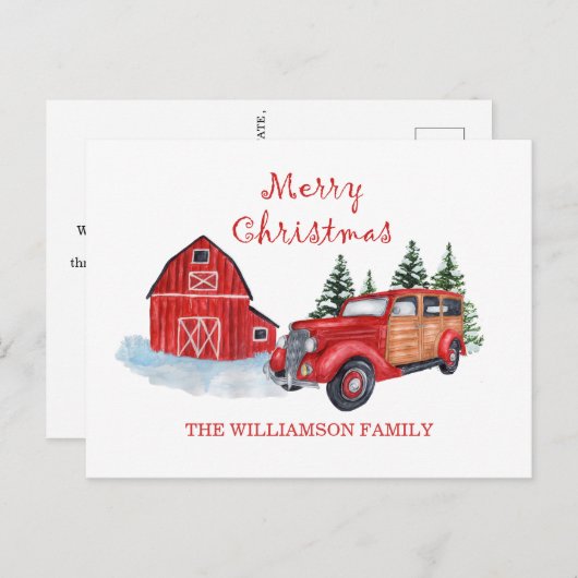 Frohe Weihnachtsbauernhof Red Truck | Familienname Postkarte (Vorne/Hinten)