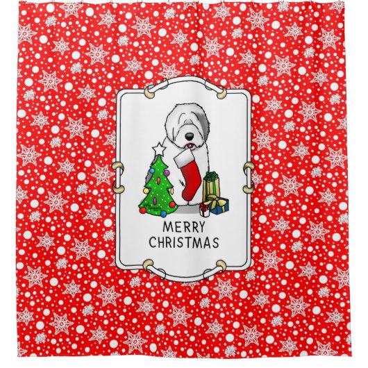 Frohe Weihnachtsbaum 2 Old English Sheepdog Gray 1 Duschvorhang (Vorderseite)