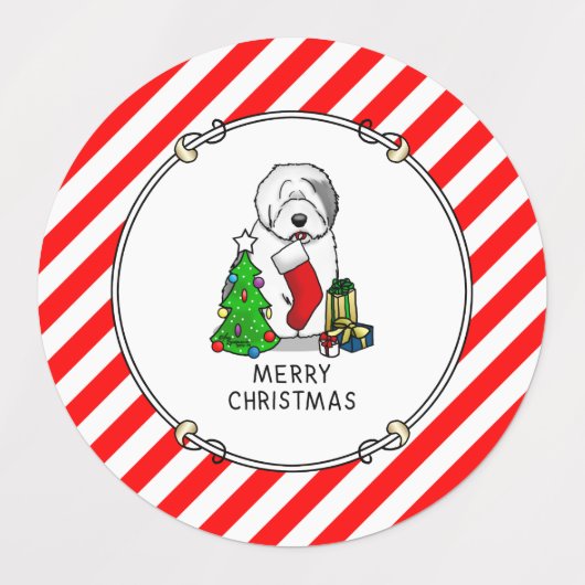 Frohe Weihnachtsbaum 2 Old English Sheepdog Gray 1 Etiketten (Design 2)