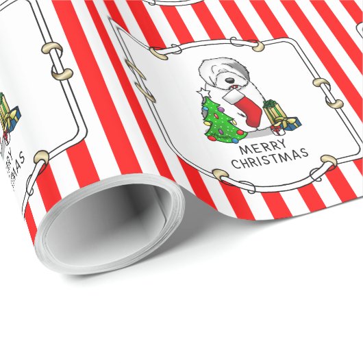 Frohe Weihnachtsbaum 2 Old English Sheepdog Gray 1 Geschenkpapier (Rolleneckpunkt)
