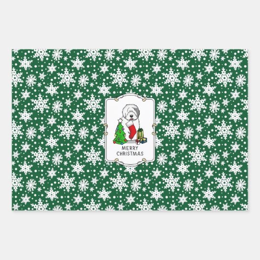 Frohe Weihnachtsbaum 2 Old English Sheepdog Gray 1 Geschenkpapier Set (Vorderseite)
