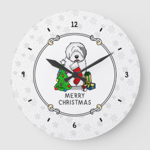 Frohe Weihnachtsbaum 2 Old English Sheepdog Gray 1 Große Wanduhr