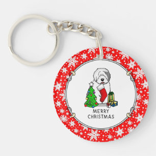 Frohe Weihnachtsbaum 2 Old English Sheepdog Gray 1 Schlüsselanhänger