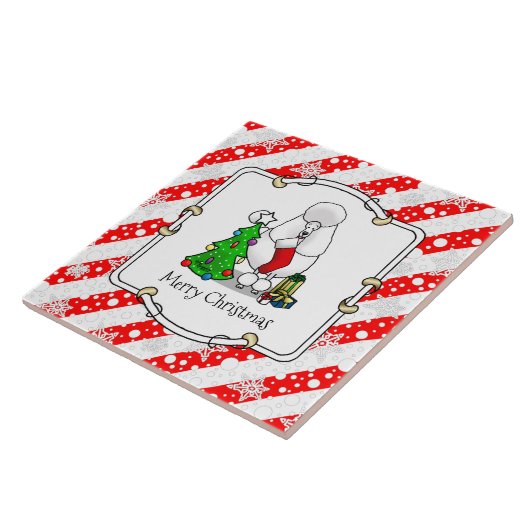 Frohe Weihnachtsbaum 2 Poodle (weiß) Hund Niedlich Fliese (Seite)