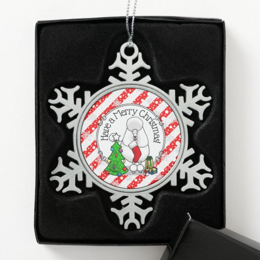 Frohe Weihnachtsbaum 2 Poodle (weiß) Hund Niedlich Schneeflocken Zinn-Ornament (Box)
