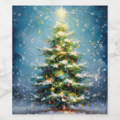 Frohe Weihnachtsbaum auf einem schneebedeckten Fel Weinetikett (Einzelnes Label)