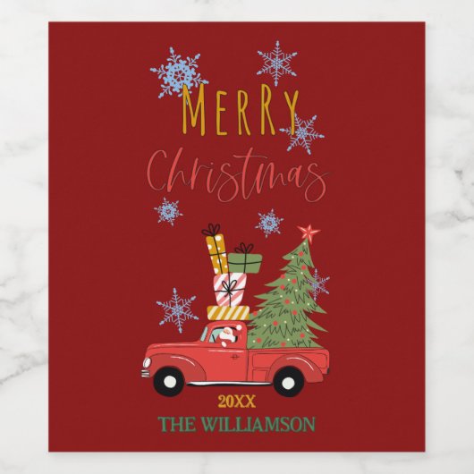 Frohe Weihnachtsbaum auf Red Car Truck Weinetikett (Einzelnes Label)