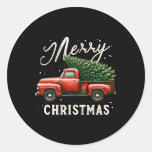 Frohe Weihnachtsbaum auf Red Truck Wagon Vintag Xm Runder Aufkleber