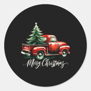 Frohe Weihnachtsbaum auf Red Truck Wagon Xmas Vaca Runder Aufkleber