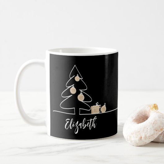 Frohe Weihnachtsbaum auf schwarz Kaffeetasse (Mit Donut)