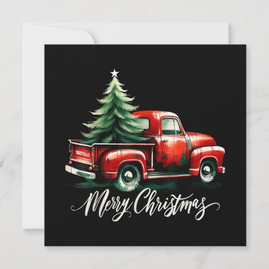 Frohe Weihnachtsbaum auf Vintagen Red Truck Famili Einladung (Vorderseite)