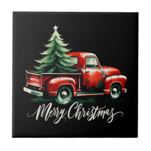 Frohe Weihnachtsbaum auf Vintagen Red Truck Famili Fliese