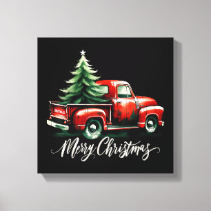 Frohe Weihnachtsbaum auf Vintagen Red Truck Famili Leinwanddruck