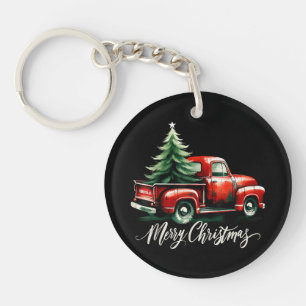Frohe Weihnachtsbaum auf Vintagen Red Truck Famili Schlüsselanhänger