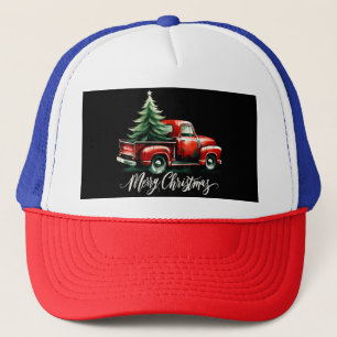 Frohe Weihnachtsbaum auf Vintagen Red Truck Famili Truckerkappe