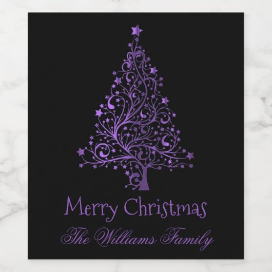 Frohe Weihnachtsbaum Black Metallic Lila Look Weinetikett (Einzelnes Label)