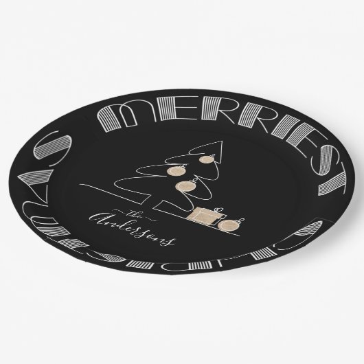 Frohe Weihnachtsbaum Black Pappteller (Schrägansicht)