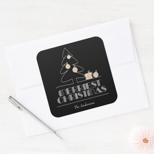 Frohe Weihnachtsbaum Black Quadratischer Aufkleber (Umschlag)
