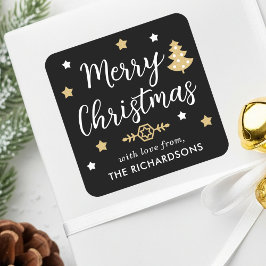 Frohe Weihnachtsbaum Custom Familienname Black Gol Quadratischer Aufkleber