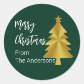 Frohe Weihnachtsbaum Dunkelgrüne Goldbezeichnung G Runder Aufkleber (Vorderseite)