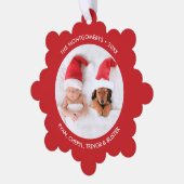 Frohe Weihnachtsbaum Foto Holiday Red Ornament Karte (Linke Ecke)