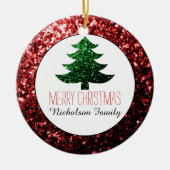 Frohe Weihnachtsbaum Glitzern Rot Grün Ihr Name Keramik Ornament (Vorne)
