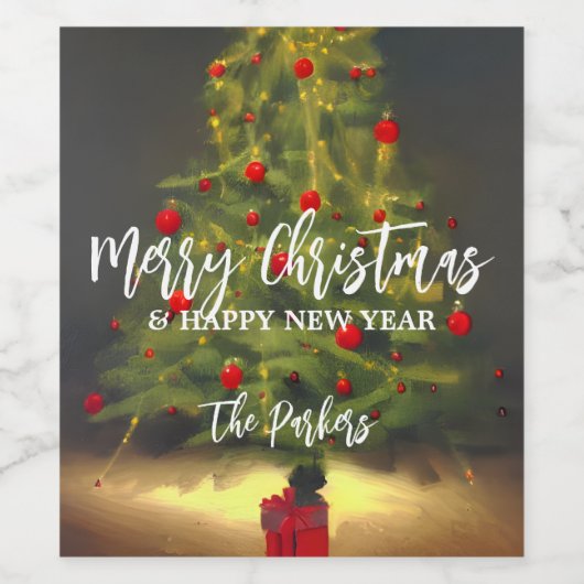 Frohe Weihnachtsbaum glückliche Neujahrsfamilie Weinetikett (Einzelnes Label)
