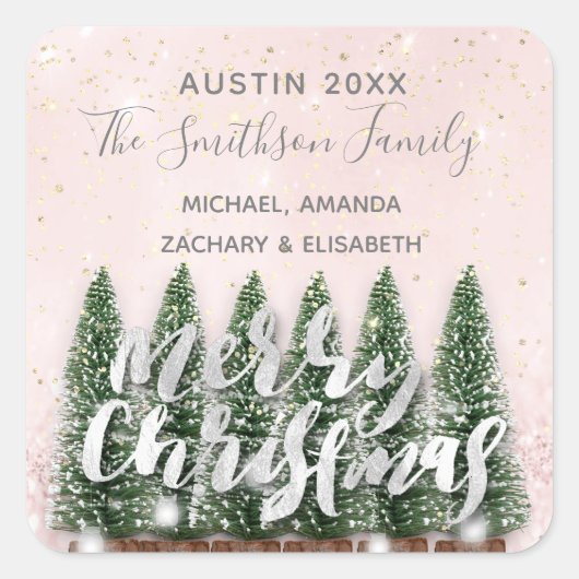 Frohe Weihnachtsbaum Gold Rosa Winterleuchten Schn Quadratischer Aufkleber (Vorderseite)