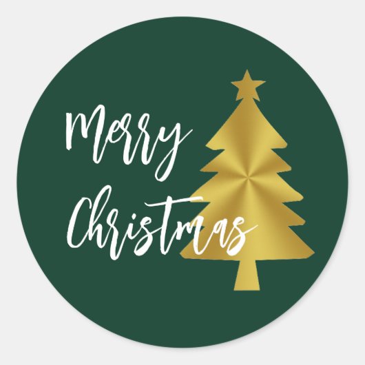 Frohe Weihnachtsbaum Green Gold und White Script Runder Aufkleber (Vorderseite)